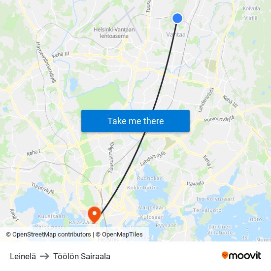 Leinelä to Töölön Sairaala map