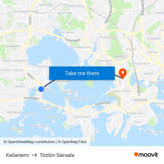 Keilaniemi to Töölön Sairaala map