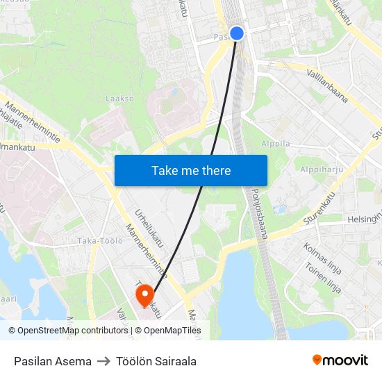 Pasilan Asema to Töölön Sairaala map