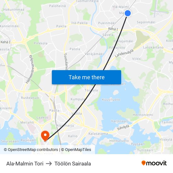 Ala-Malmin Tori to Töölön Sairaala map