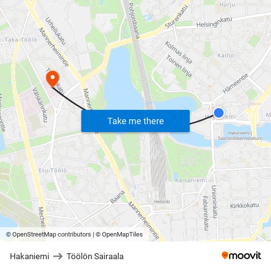 Hakaniemi to Töölön Sairaala map