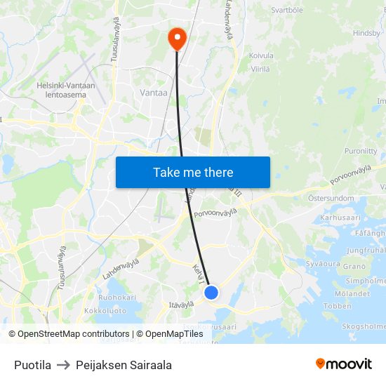 Puotila to Peijaksen Sairaala map