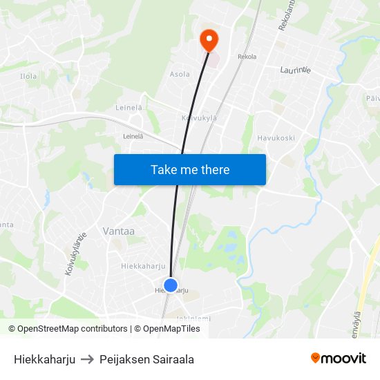 Hiekkaharju to Peijaksen Sairaala map