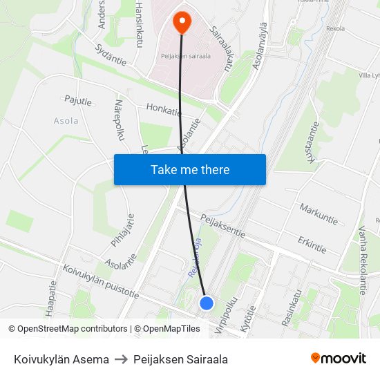 Koivukylän Asema to Peijaksen Sairaala map