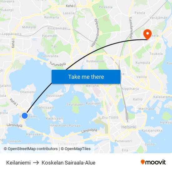 Keilaniemi to Koskelan Sairaala-Alue map