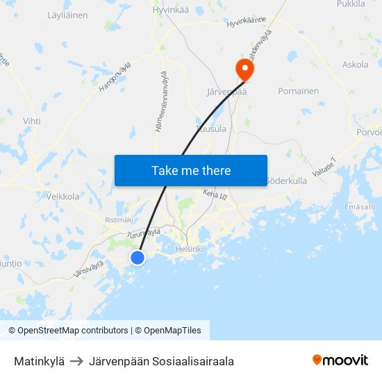 Matinkylä to Järvenpään Sosiaalisairaala map