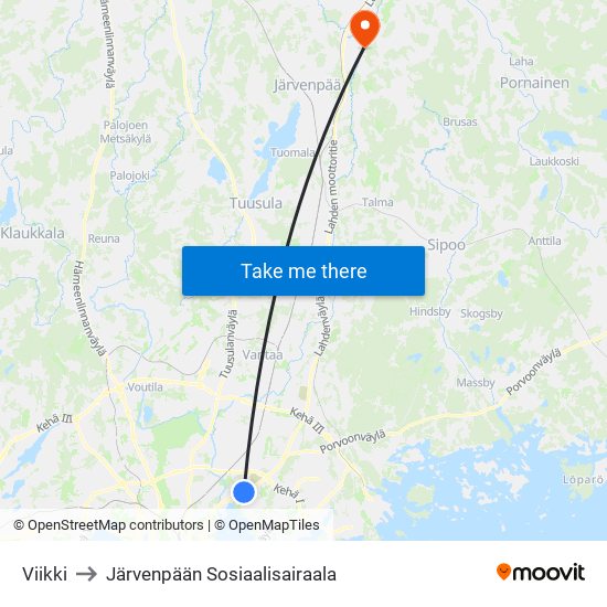 Viikki to Järvenpään Sosiaalisairaala map