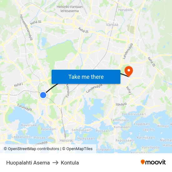Huopalahti Asema to Kontula map