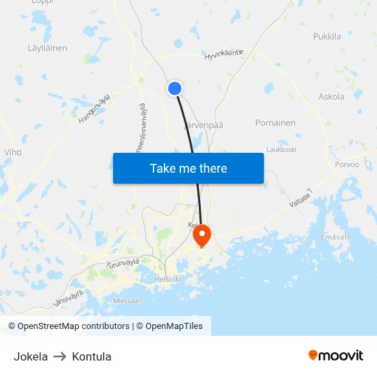 Jokela to Kontula map
