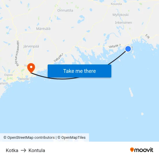 Kotka to Kontula map