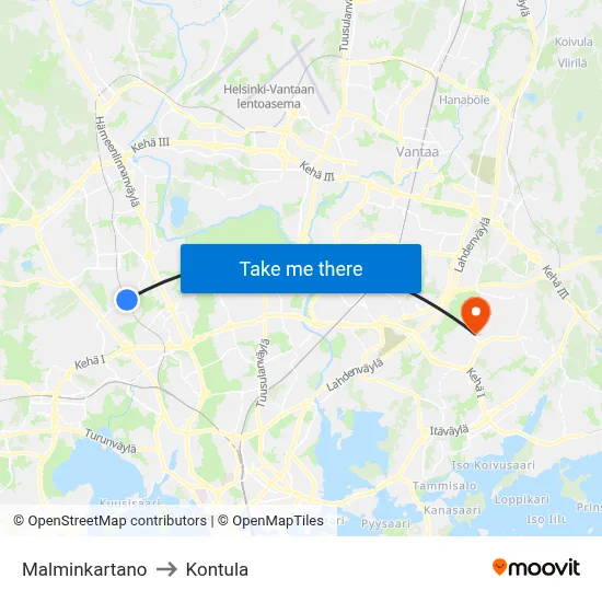 Malminkartano to Kontula map