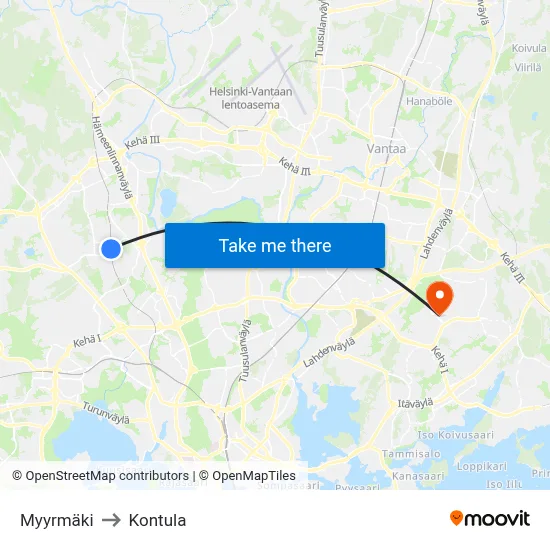 Myyrmäki to Kontula map