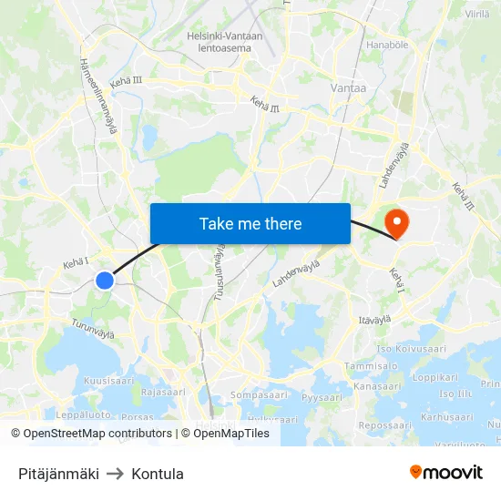 Pitajanmaki to Kontula map