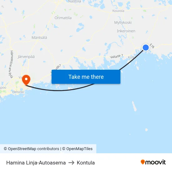 Hamina Bus Station to Kontula map