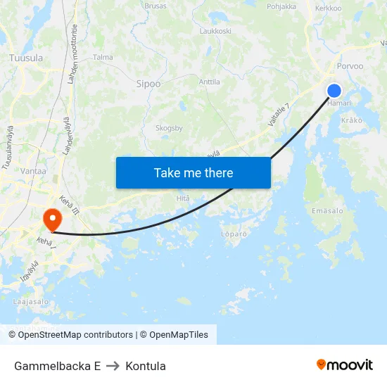 Gammelbacka East to Kontula map