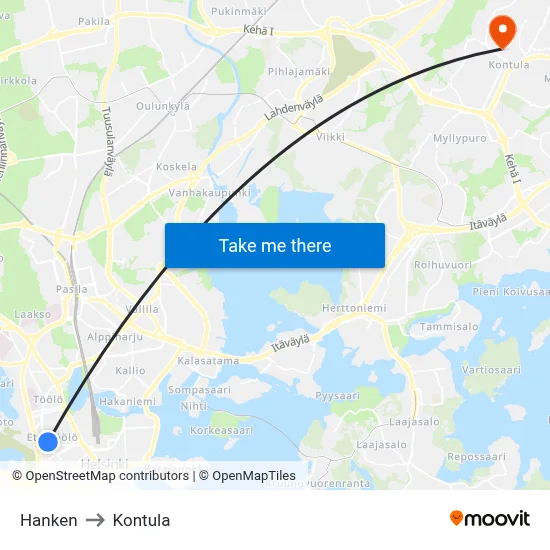 Hanken to Kontula map