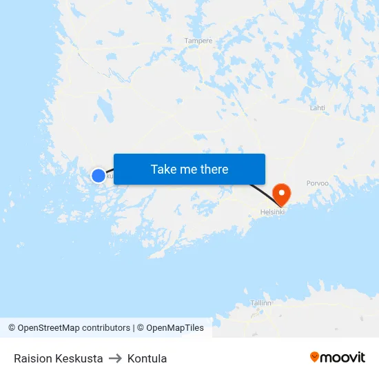 Raisio Center to Kontula map
