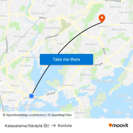 Kalasatama/Itäväylä Ⓜ️🛍️ to Kontula map