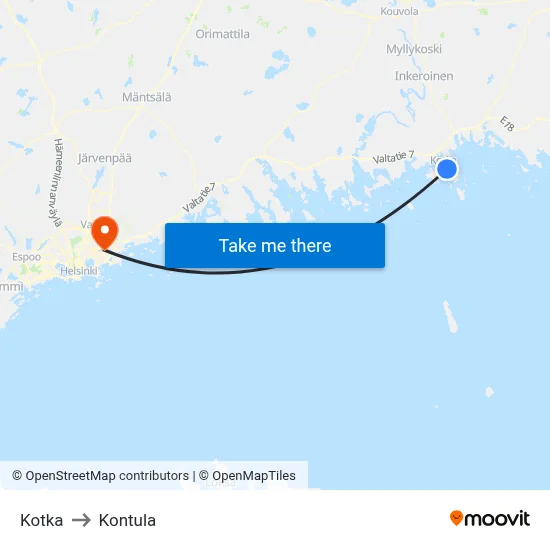 Kotka to Kontula map
