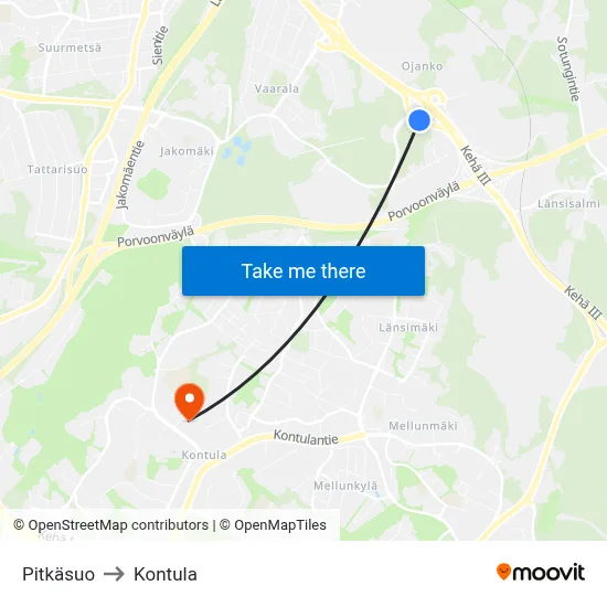 Pitkäsuo to Kontula map
