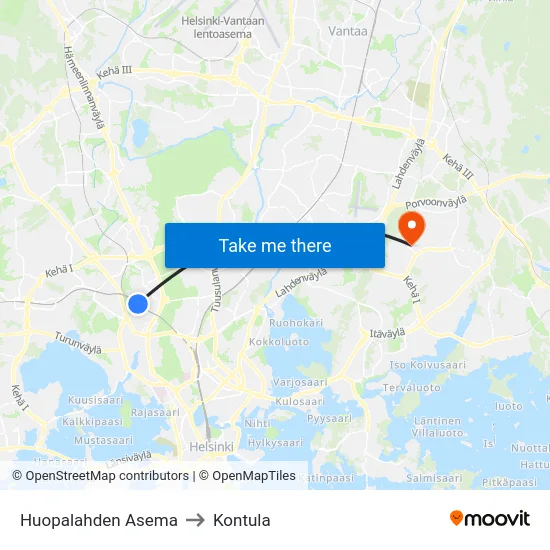 Huopalahden Asema to Kontula map