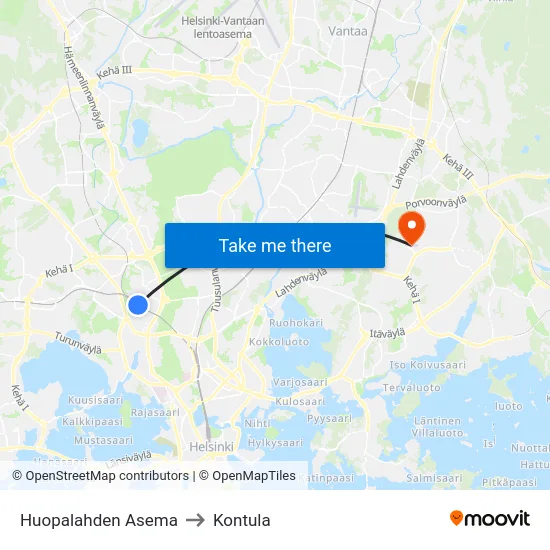 Huopalahden Asema to Kontula map