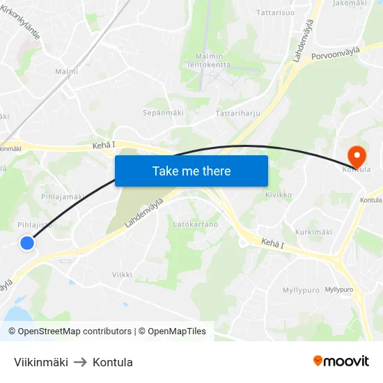 Viikinmäki to Kontula map