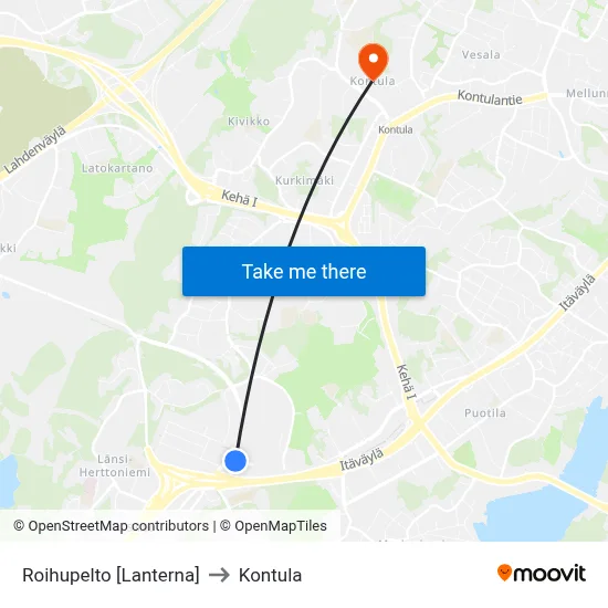 Roihupelto [Lanterna] to Kontula map