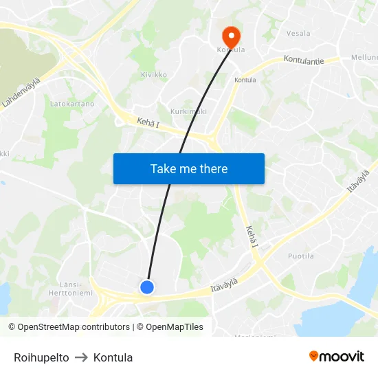 Roihupelto [Lanterna] to Kontula map