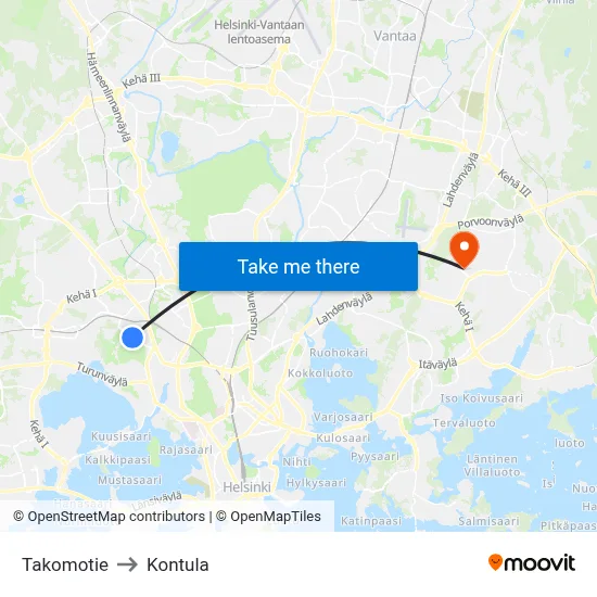 Takomotie to Kontula map