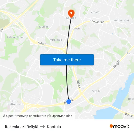 Itäkeskus/Itäväylä to Kontula map