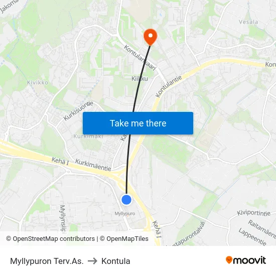 Myllypuron Terv.As. to Kontula map