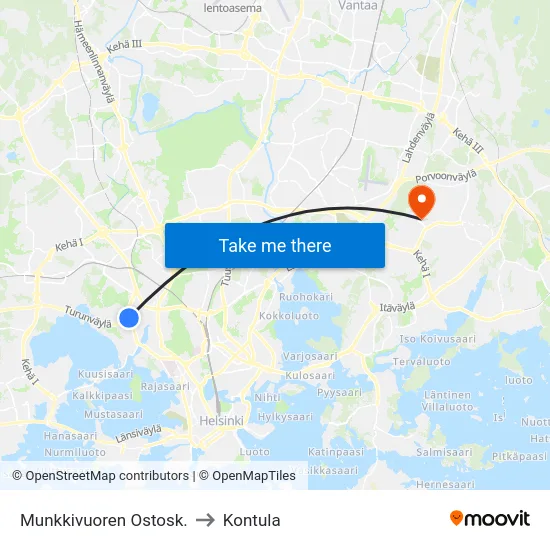 Munkkivuoren Ostosk. to Kontula map