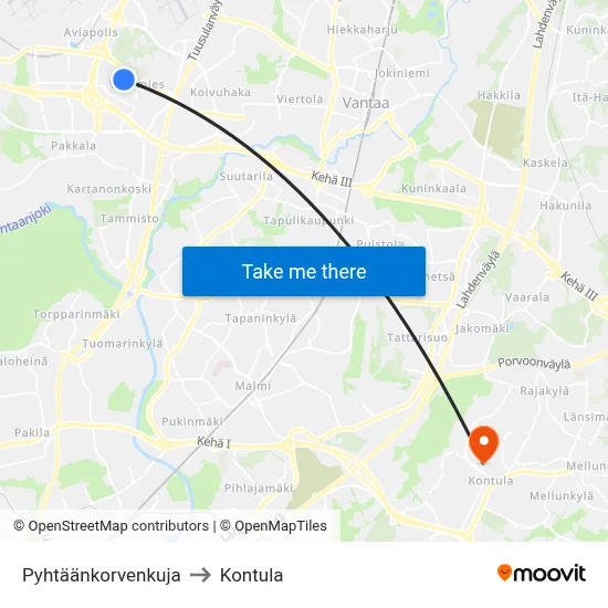 Pyhtaankorventie to Kontula map