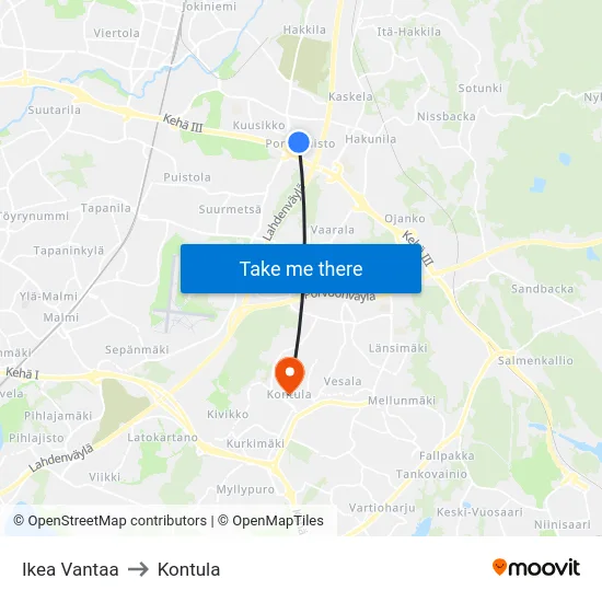 Ikea Vantaa to Kontula map