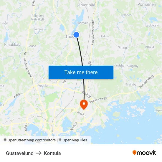 Gustavelund to Kontula map