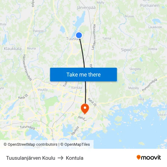 Lake Tuusula School to Kontula map