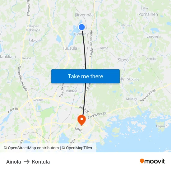 Ainola to Kontula map