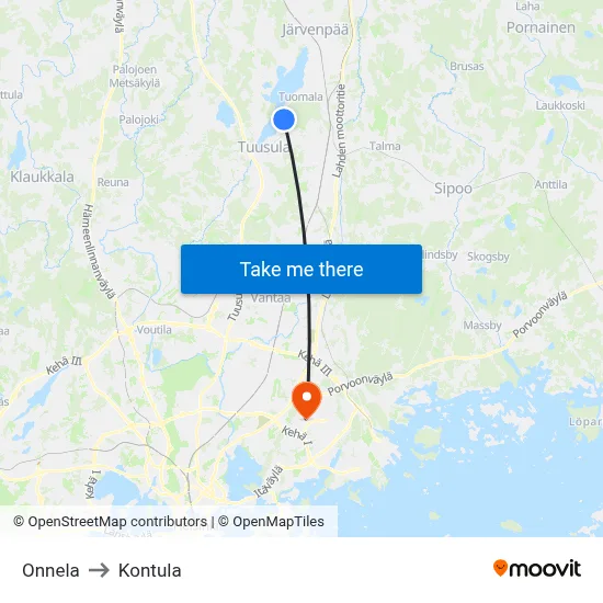 Onnela to Kontula map