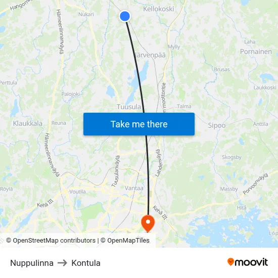Nuppulinna to Kontula map