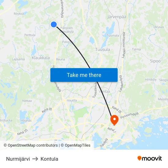 Nurmijärvi to Kontula map