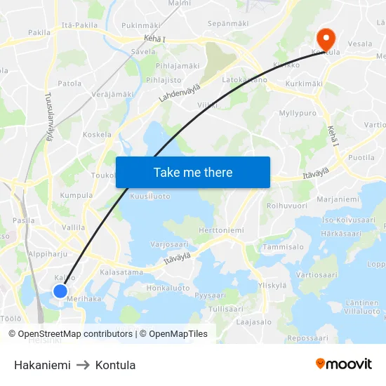 Hakaniemi to Kontula map