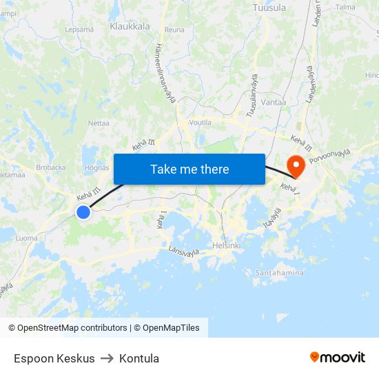 Espoon Keskus to Kontula map