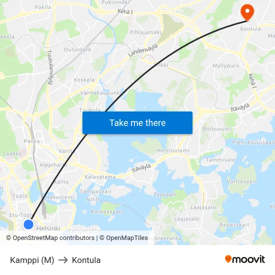 Kamppi (M) to Kontula map