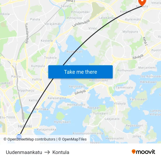 Uudenmaankatu to Kontula map