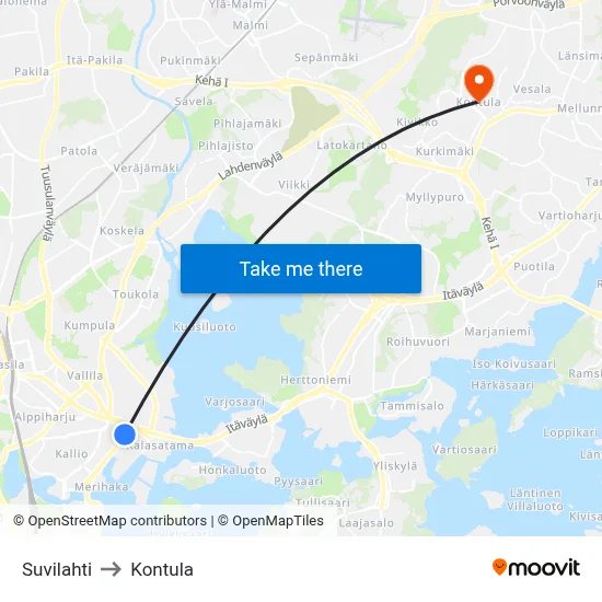 Suvilahti to Kontula map