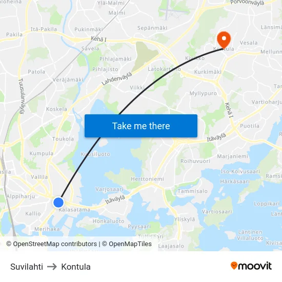 Suvilahti to Kontula map