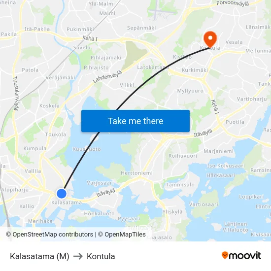 Kalasatama (M) to Kontula map