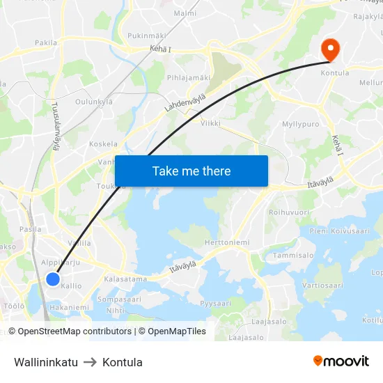 Wallin Street to Kontula map