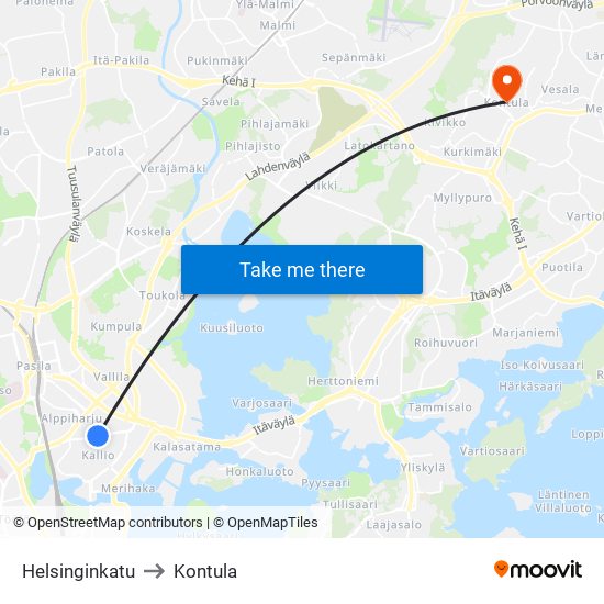 Helsinginkatu to Kontula map